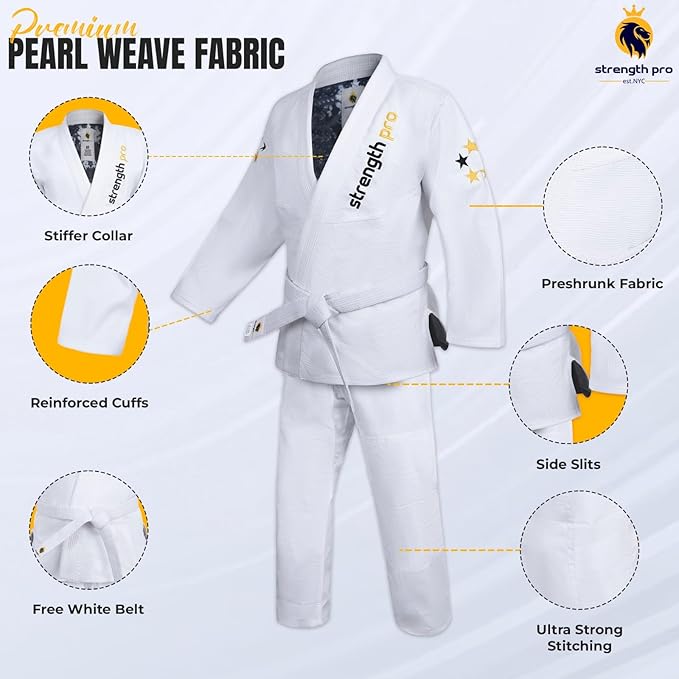 Strength Pro | BJJ Gi Adult | Brazilian Jiu Jitsu Gi Prolight Grappling | 450 GSM White
