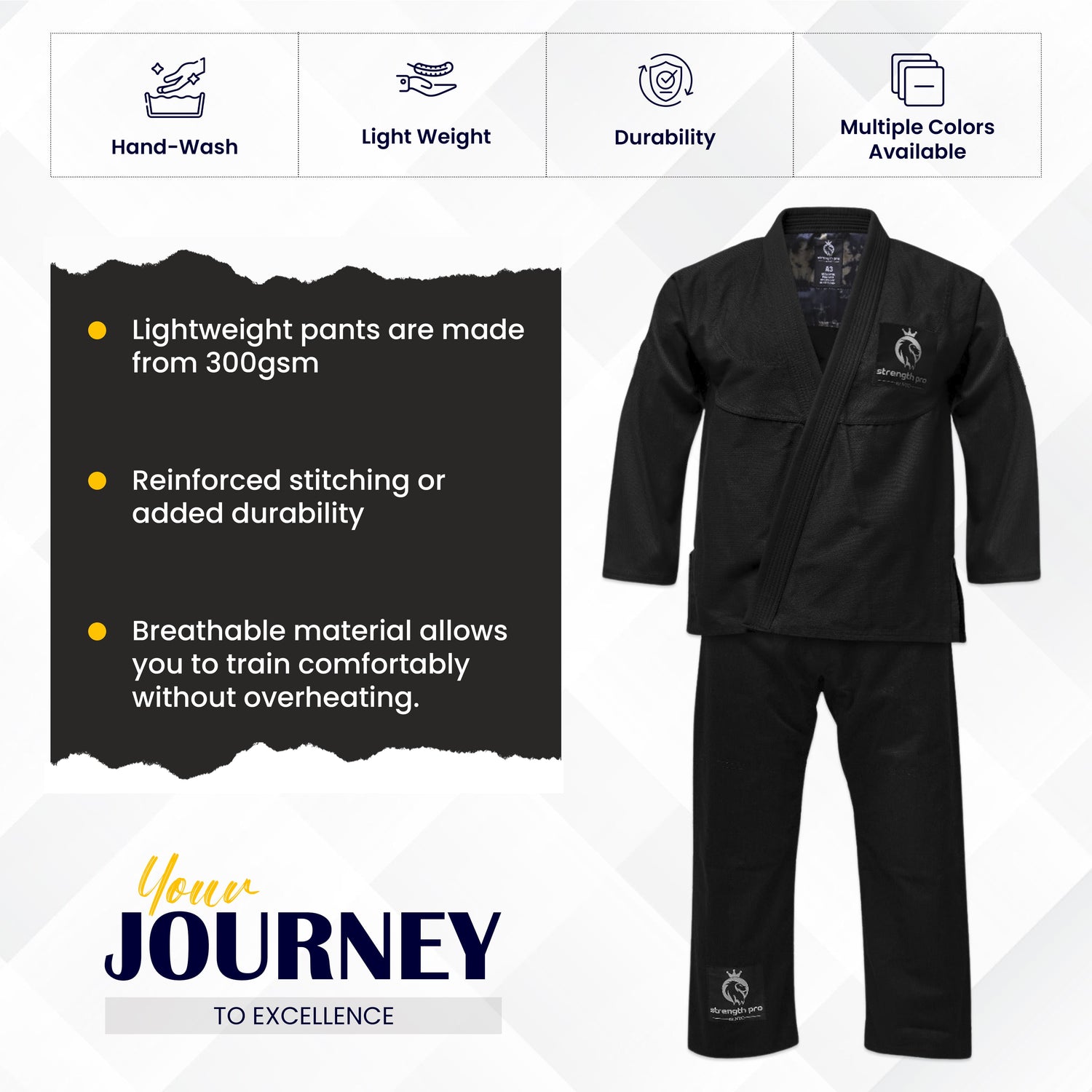 Strength Pro | BJJ Gi Adult | Brazilian Jiu Jitsu Gi Kimono Prolight | 300 GSM Black
