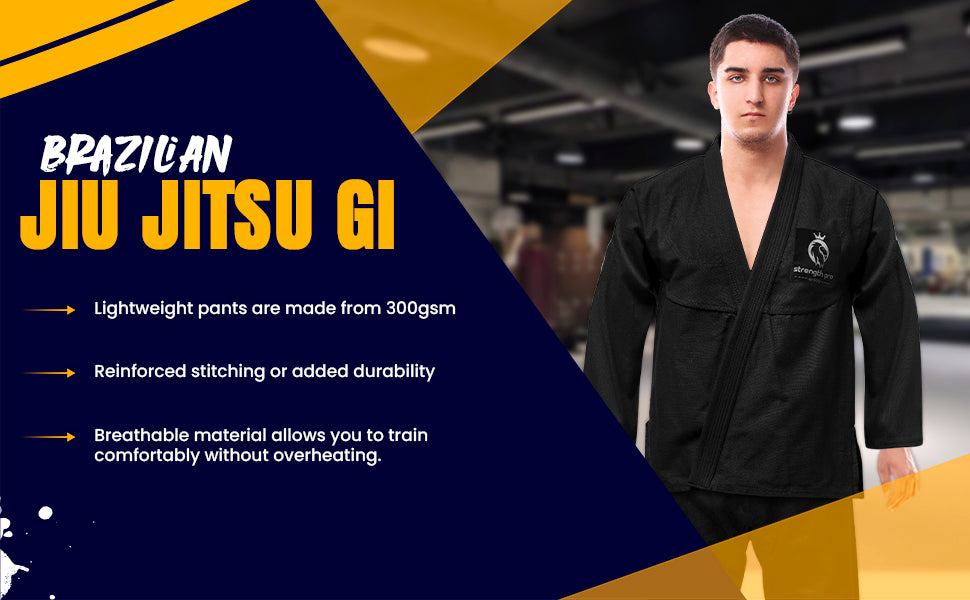 Strength Pro | BJJ Gi Adult | Brazilian Jiu Jitsu Gi Kimono Prolight | 300 GSM Black