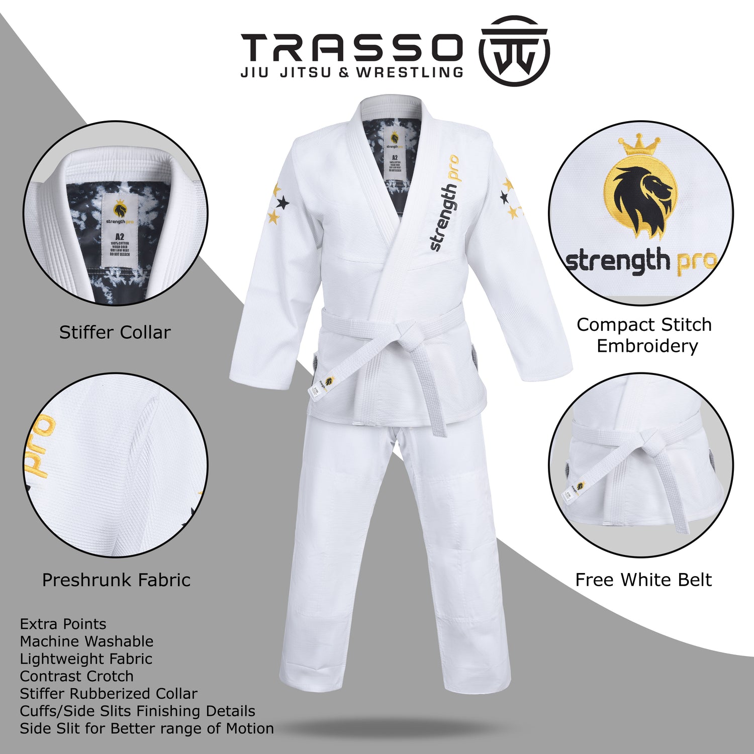 Strength Pro | BJJ Gi Adult | Brazilian Jiu Jitsu Gi Prolight Grappling | 450 GSM White